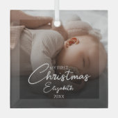 Mijn eerste kerst Baby foto Elegant Script Glas Ornament (Voorkant)