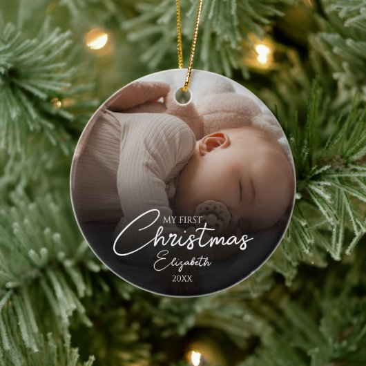 Mijn eerste kerst Baby foto Elegant Script Keramisch Ornament (Boom)