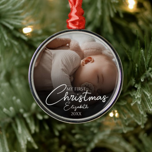 Mijn eerste kerst Baby foto Elegant Script Metalen Ornament (Boom)