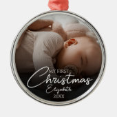 Mijn eerste kerst Baby foto Elegant Script Metalen Ornament (Voorkant)
