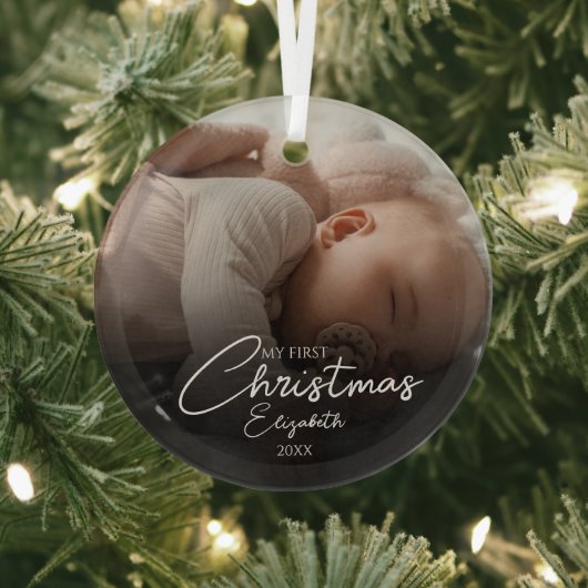 Mijn eerste kerst baby foto elegante script glas ornament (Insitu)