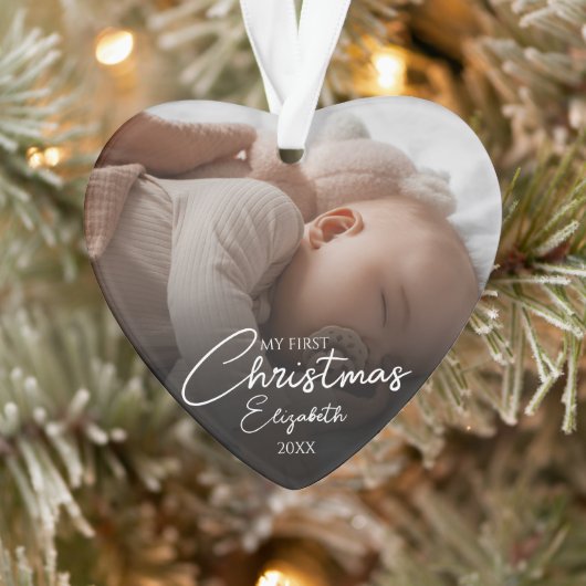 Mijn eerste kerst baby foto elegante script ornament (Boom)