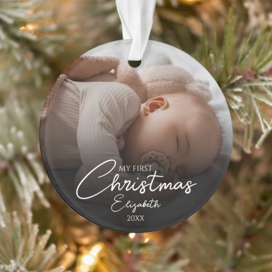 Mijn eerste kerst baby foto elegante script ornament (Boom)