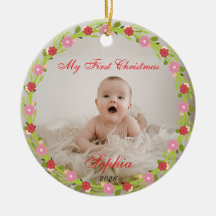 Mijn eerste kerst baby foto roze bloemen keramisch ornament