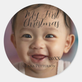Mijn eerste kerst baby foto voeg naam jaar modern  ronde sticker