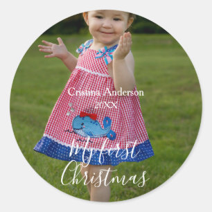mijn eerste kerst baby meisje foto naam jaar eenvo ronde sticker