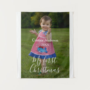 Mijn eerste kerst baby meisje foto naam jaar eenvo wandkleed