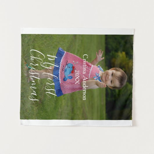 Mijn eerste kerst baby meisje foto naam jaar eenvo wandkleed (Voorkant (horizontaal))