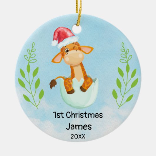 Mijn eerste kerst blauwe baby jongen Giraffe Keramisch Ornament (Voorkant)