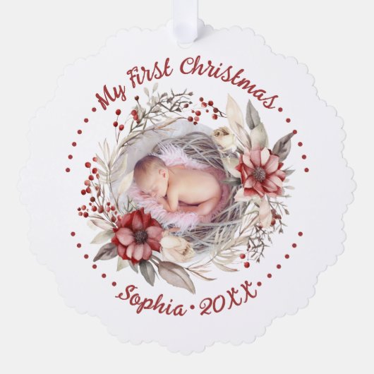 Mijn eerste kerst bloemenkrans foto baby ornament kaart (Voorkant)
