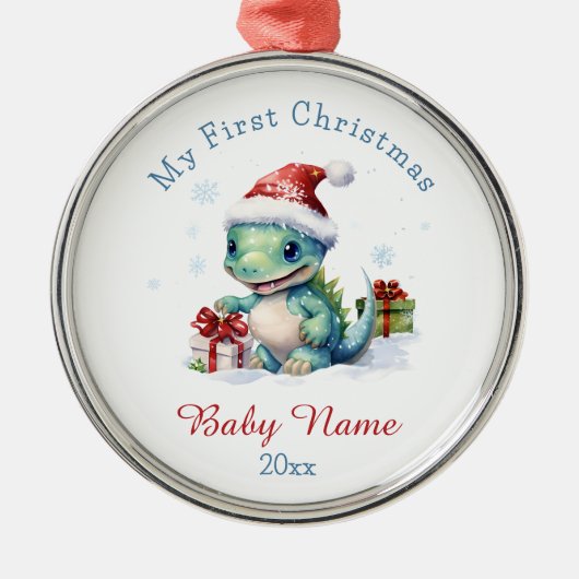 Mijn eerste kerst dinosaurus aangepaste naam Keeps Metalen Ornament (Voorkant)