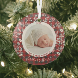 Mijn Eerste Kerst Foto Buffalo Plaid Glas Ornament