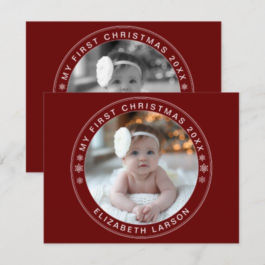 Mijn eerste kerst gepersonaliseerde Baby foto rood Feestdagenkaart (Voorkant / Achterkant)