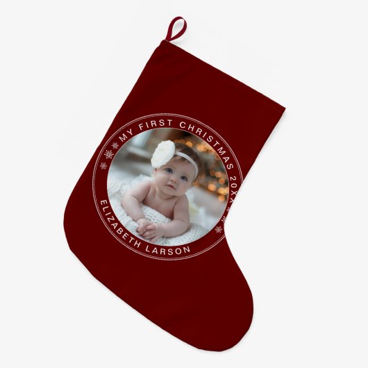 Mijn eerste kerst gepersonaliseerde Baby foto rood Grote Kerstsok (Voorkant (Hangend))