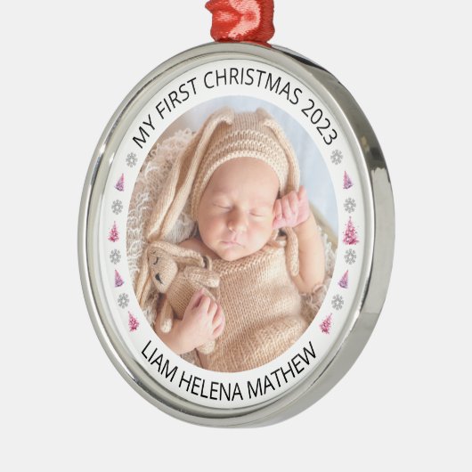 Mijn eerste kerst gepersonaliseerde elegante Baby  Metalen Ornament (Links)