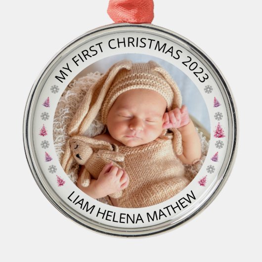 Mijn eerste kerst gepersonaliseerde elegante Baby Metalen Ornament (Voorkant)