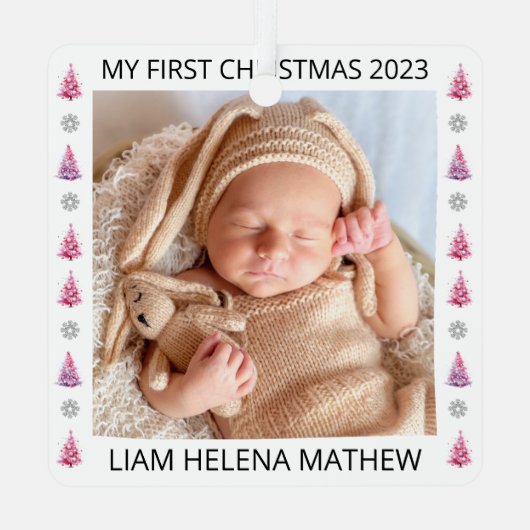 Mijn eerste kerst gepersonaliseerde elegante Baby  Metalen Ornament (Achterkant)