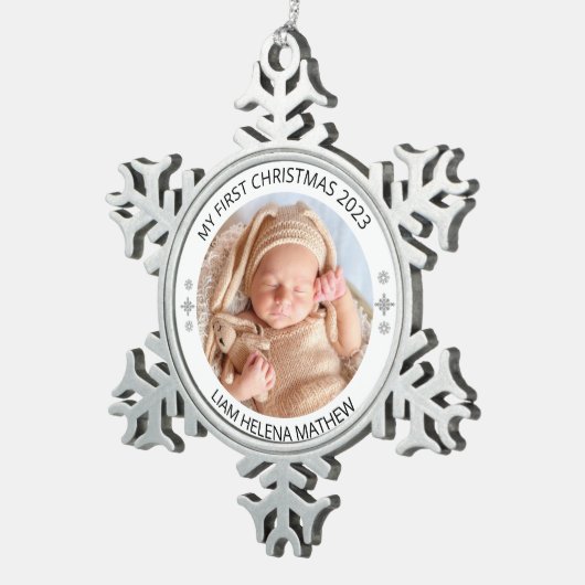 Mijn eerste kerst gepersonaliseerde elegante Baby Tin Sneeuwvlok Ornament (Rechts)
