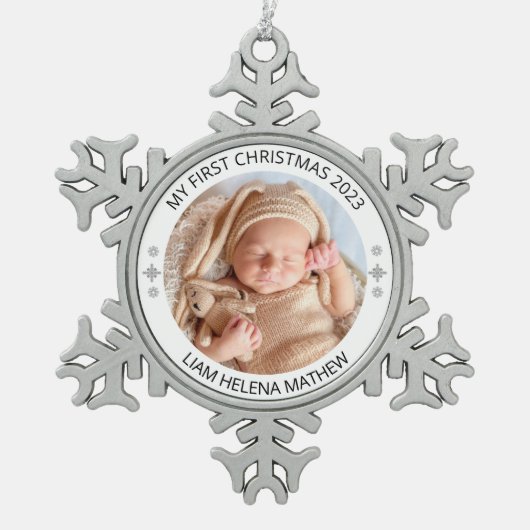 Mijn eerste kerst gepersonaliseerde elegante Baby Tin Sneeuwvlok Ornament (Voorkant)