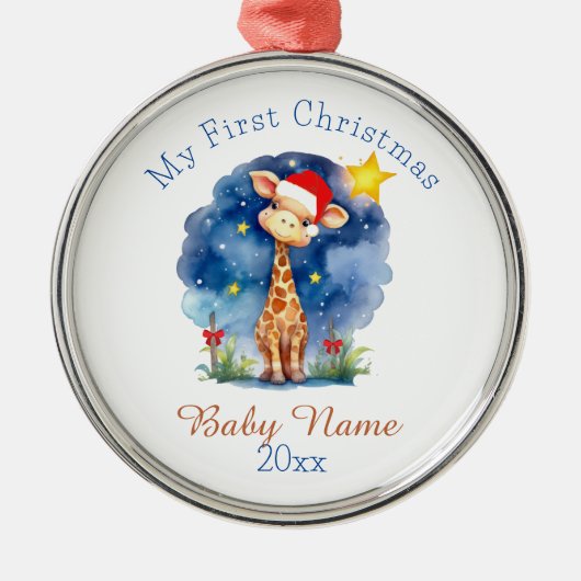 Mijn eerste kerst Giraffe aangepaste naam Keepsake Metalen Ornament (Voorkant)