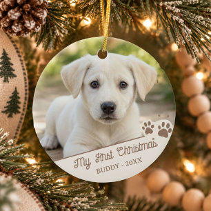 Mijn Eerste Kerst Hond Foto Huisdier Naam & Jaar Keramisch Ornament