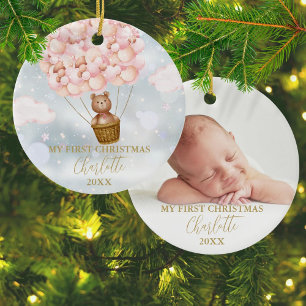 Mijn Eerste Kerst Knuffel Roze Ballonnen Foto Keramisch Ornament
