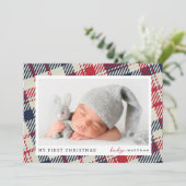 Mijn eerste kerst moderne geruite Baby foto Feestdagenkaart (Staand voorkant)