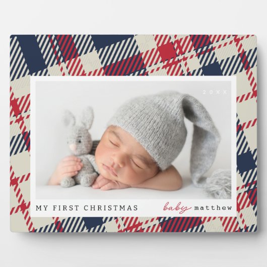 Mijn eerste kerst moderne geruite Baby foto Fotoplaat (Voorkant)