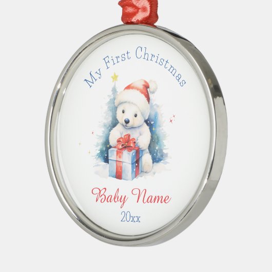 Mijn eerste Kerst Polar Beer Custom Naam Keepsake Metalen Ornament (Links)