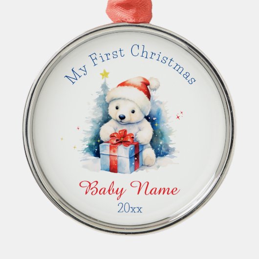 Mijn eerste Kerst Polar Beer Custom Naam Keepsake Metalen Ornament (Voorkant)