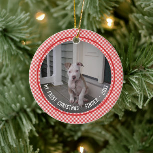 Mijn eerste kerst Puppy Huisdier Rode Gingham Aand Keramisch Ornament