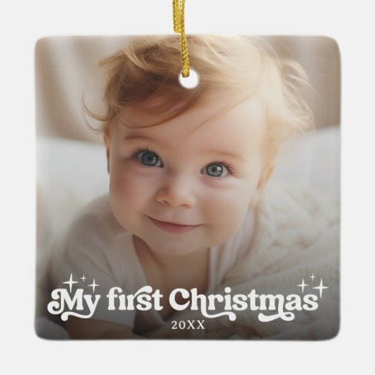 Mijn eerste kerst retro typografie Volledige foto Keramisch Ornament (Voorkant)