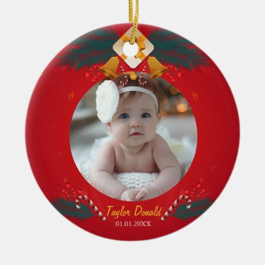 Mijn eerste kerst rode aangepaste foto keramisch ornament (Voorkant)