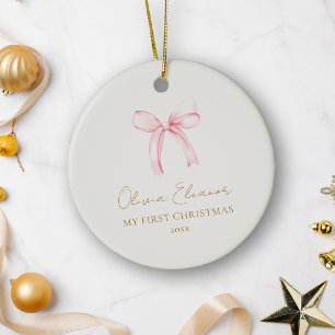 Mijn eerste kerst roze strik baby meisje aandenken keramisch ornament
