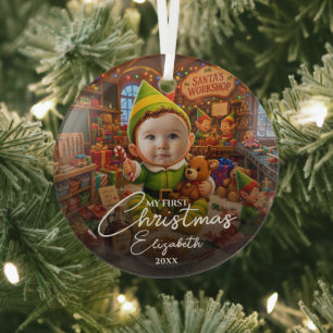 Mijn eerste kerst Santas kleine helper foto Glas Ornament