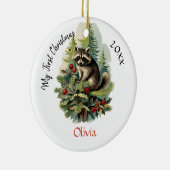 Mijn eerste kerst Schattigee  Wasbeer Baby Naam Keramisch Ornament (Rechts)