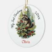 Mijn eerste kerst Schattigee  Wasbeer Baby Naam Keramisch Ornament (Links)