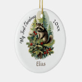 Mijn eerste kerst Schattigee  Wasbeer Baby Naam Keramisch Ornament (Rechts)