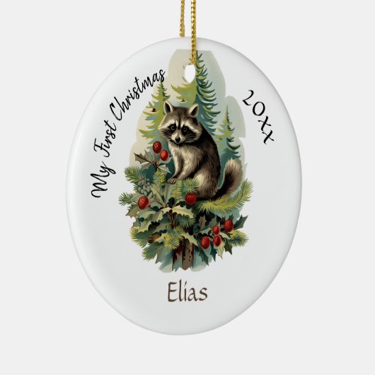 Mijn eerste kerst Schattigee  Wasbeer Baby Naam Keramisch Ornament (Rechts)