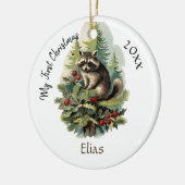 Mijn eerste kerst Schattigee  Wasbeer Baby Naam Keramisch Ornament (Links)