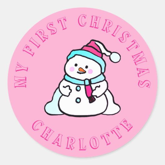 Mijn eerste kerst | Snowman Custom Pink Ronde Sticker (Voorkant)