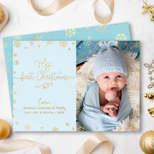 Mijn eerste kerstBaby foto Aqua Blue Real Gold Folie Feestdagenkaart