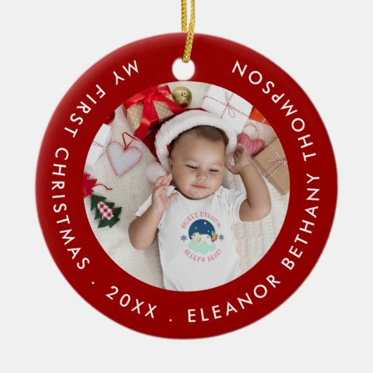 Mijn eerste kerstBaby Foto: Jaar Ruby Red Keramisch Ornament (Voorkant)