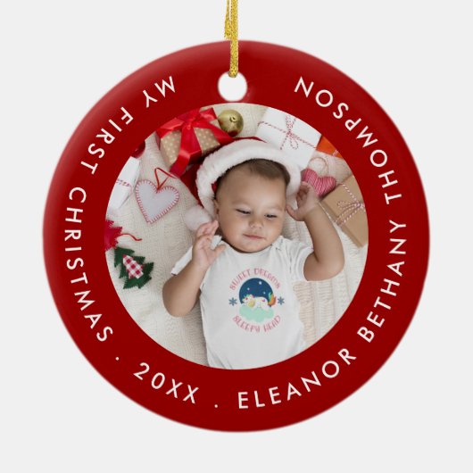 Mijn eerste kerstBaby Foto: Jaar Ruby Red Keramisch Ornament (Achterkant)