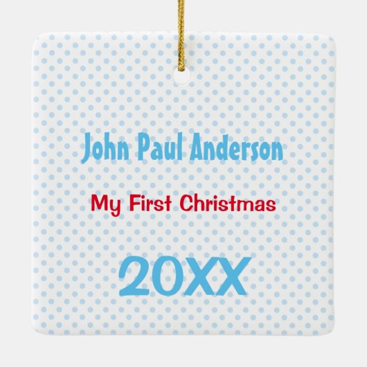 Mijn eerste kerstblauw STIPPEN babyjongen Foto Keramisch Ornament (Achterkant)