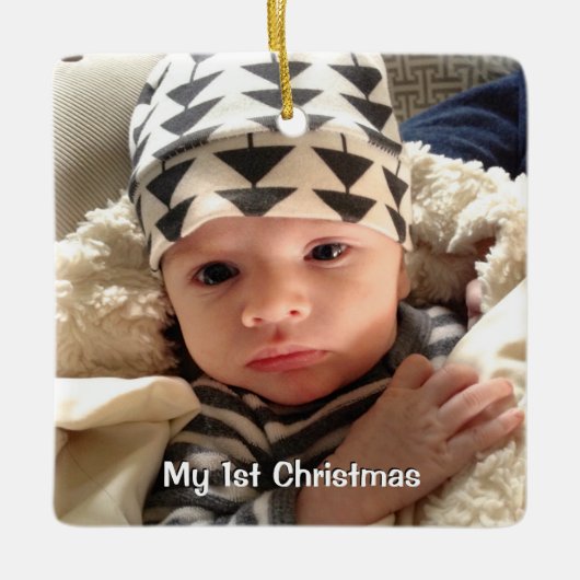 Mijn eerste kerstblauw STIPPEN babyjongen Foto Keramisch Ornament (Voorkant)