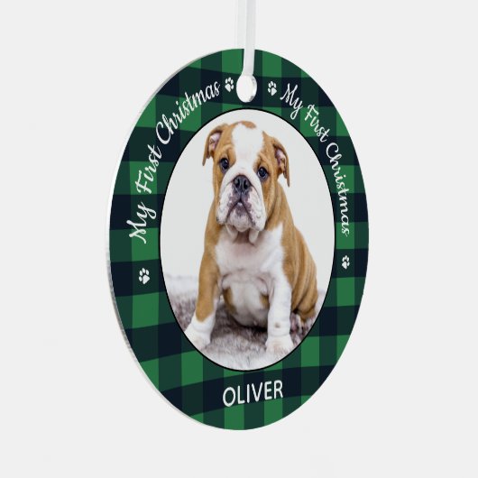 Mijn eerste kerstcadeaufoto met foto Green Pset Metalen Ornament (Voorkant Rechts)