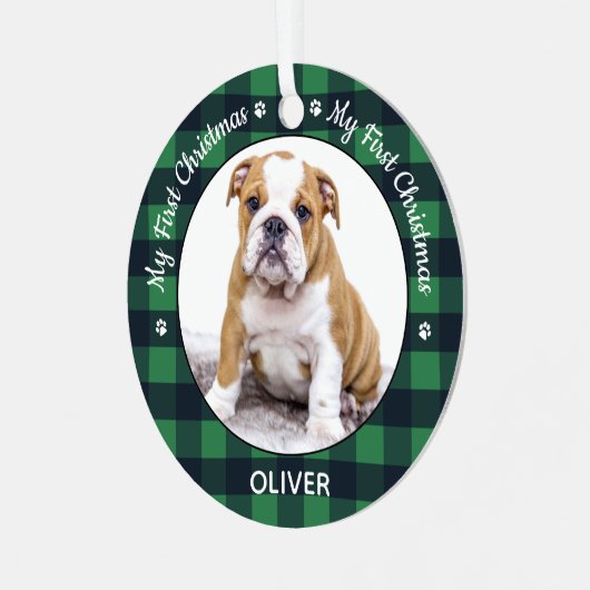 Mijn eerste kerstcadeaufoto met foto Green Pset Metalen Ornament (Voorkant links)