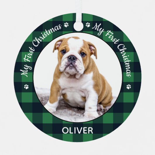 Mijn eerste kerstcadeaufoto met foto Green Pset Metalen Ornament (Voorkant)