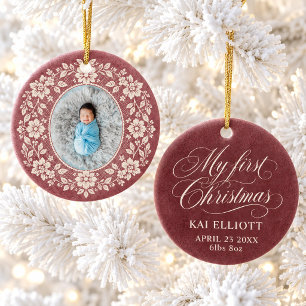 Mijn Eerste Kerstdag Baby Foto Burgundy Roos Bloem Keramisch Ornament